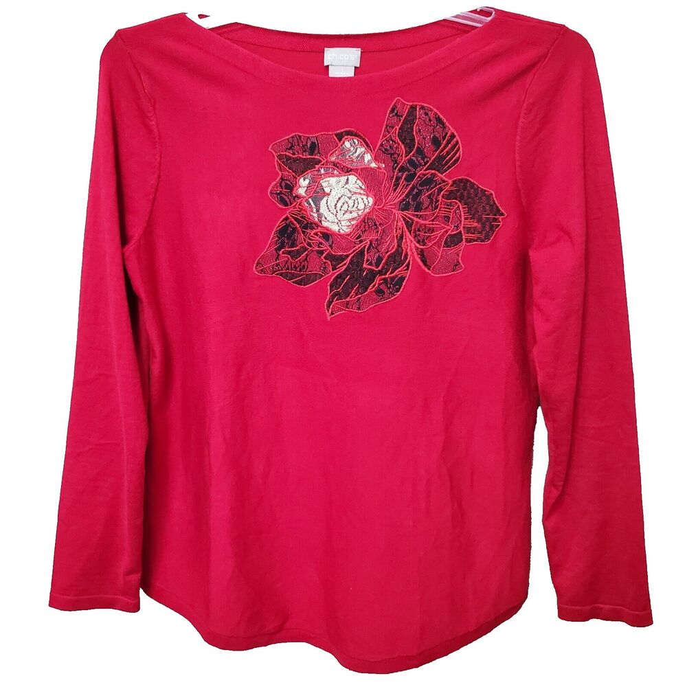 Chico's Red Embellished Boat Neck Lightweight Pullover Sweater Size 1 Medium